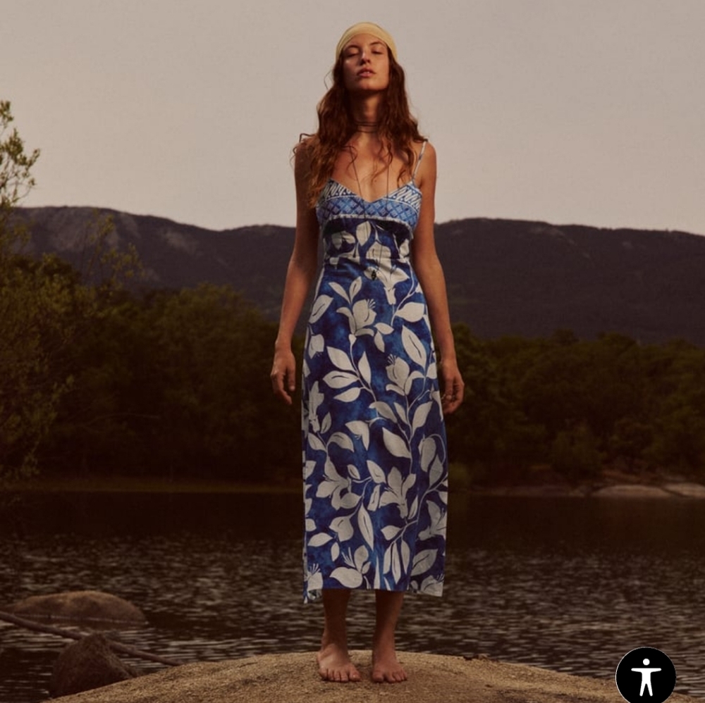 NWT Zara Blue Linen Blend Printed Dress